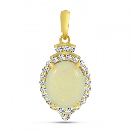 14K Yellow Gold Oval Opal Pendant with Diamond Halo 