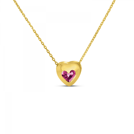 14K Yellow Gold Pink Tourmaline Heart Bezel Necklace
