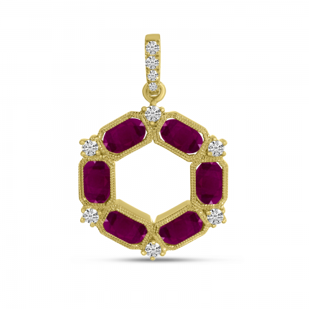 14K Yellow Gold Diamond and Ruby Hexagon Circle Pendant