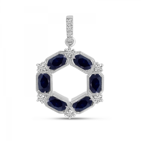 14K Yellow Gold Diamond and Sapphire Hexagon Circle Pendant