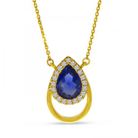 14K Yellow Gold Sapphire and Diamond Open Pear Shape Necklace