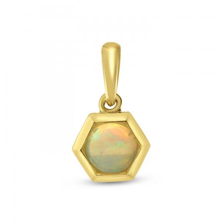 14K Yellow Gold Round Opal Hexagon Halo Pendant