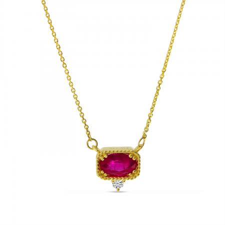 14K Yellow Gold Ruby and Diamond Precious Millgrain Necklace