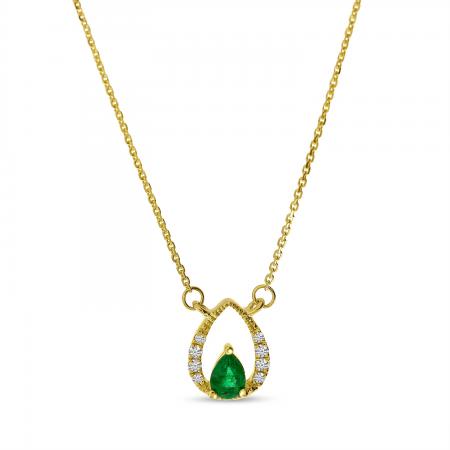 14K Yellow Gold Pear Emerald and Diamond Precious Millgrain Necklace