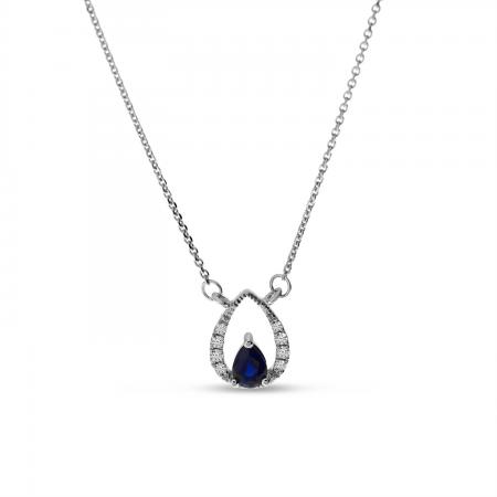 14K White Gold Pear Sapphire and Diamond Precious Millgrain Necklace