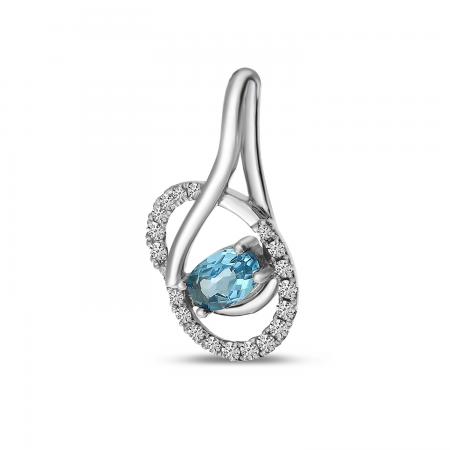 14K White Gold Oval Blue Topaz and Diamond Swirl Pendant