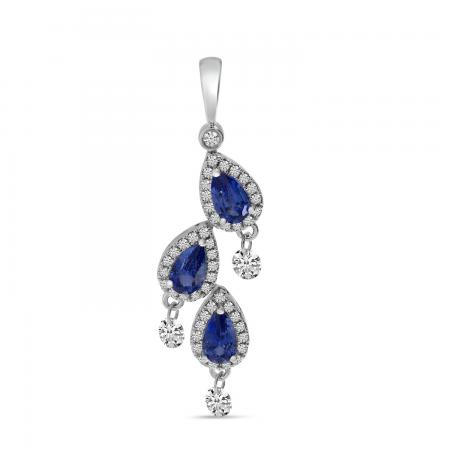 14K White Gold Precious Pear Sapphire and Diamond Dashing Diamond Pendant
