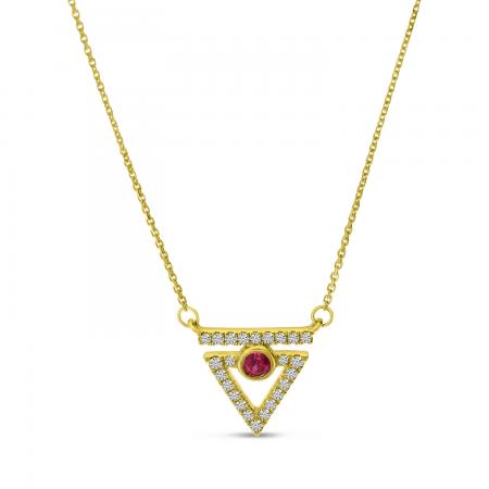 14K Yellow Gold Ruby and Diamond Precious Triangle 18 inch Necklace