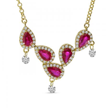 14K Yellow Gold Dashing Diamond Ruby and Diamond V Shape Pear Necklace