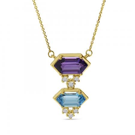 14K Yellow Gold Double Hexagon Amethyst and Blue Topaz with Diamond Semi Precious Necklace
