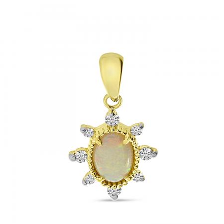 14K Yellow Gold Oval Opal with Diamond Halo Pendant