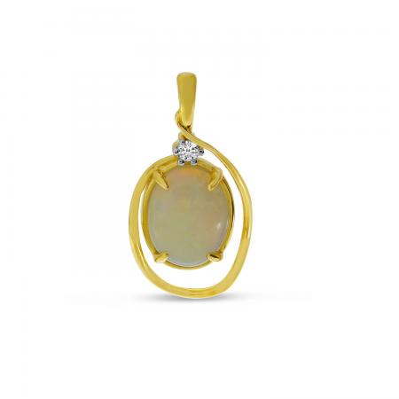 14K Yellow Gold Oval Opal with Diamond Swirl Pendant