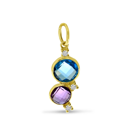 14K Yellow Gold Double Round Blue Topaz and Amethyst Bezel Set Pendant with Diamond