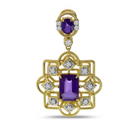 14K Yelow Gold Oval and Octagon Amethyst with Diamond Milgrain Pendant