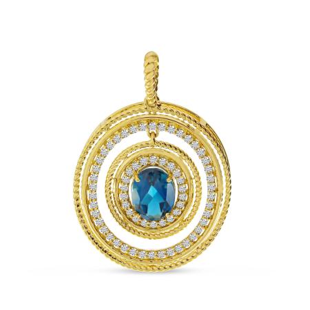 14K Yellow Gold Oval London Blue Topaz and Diamond Circle Pendant