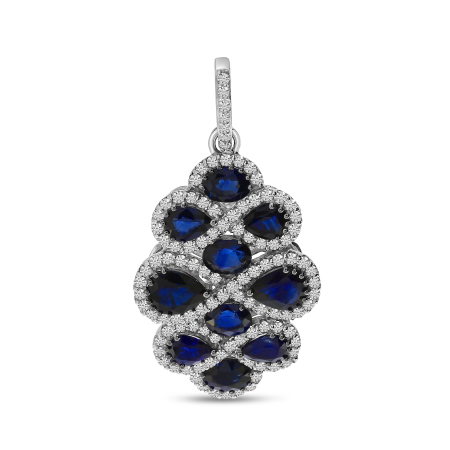 14K White Gold Precious Sapphire and Diamond Swirl Pendant