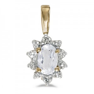 10k Yellow Gold Oval White Topaz And Diamond Pendant