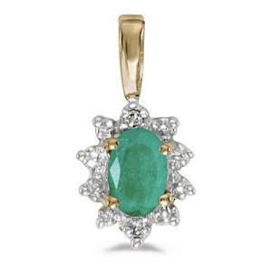 10k Yellow Gold Oval Emerald And Diamond Pendant