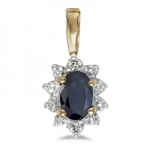 10k Yellow Gold Oval Sapphire And Diamond Pendant