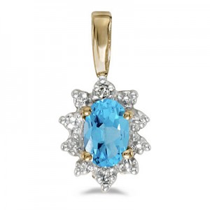 10k Yellow Gold Oval Blue Topaz And Diamond Pendant