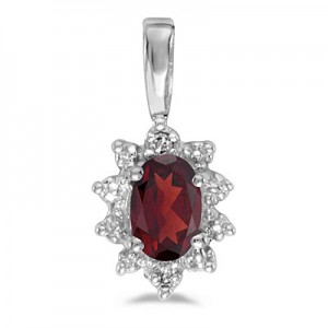 10k White Gold Oval Garnet And Diamond Pendant