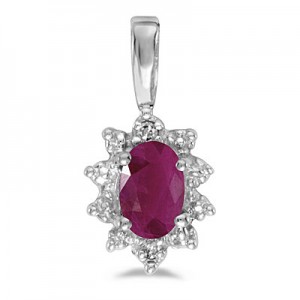 10k White Gold Oval Ruby And Diamond Pendant