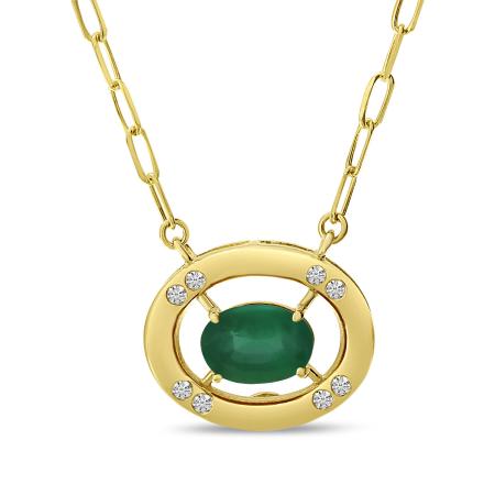 14K Yellow Gold Oval Emerald and Diamond Necklace