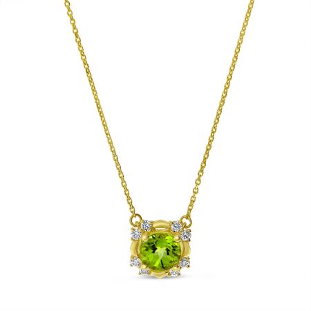 14K Yellow Gold Round Peridot and Diamond Semi Precious Necklace