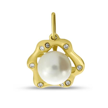 14K Yellow Gold Pearl with Diamond Floral Pendant