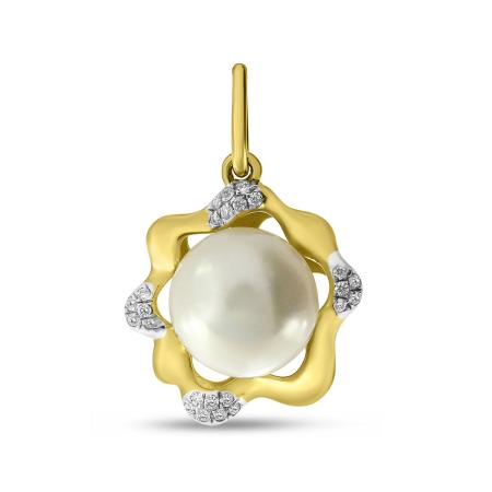 14K Yellow Gold Pearl with Diamond Floral Pendant