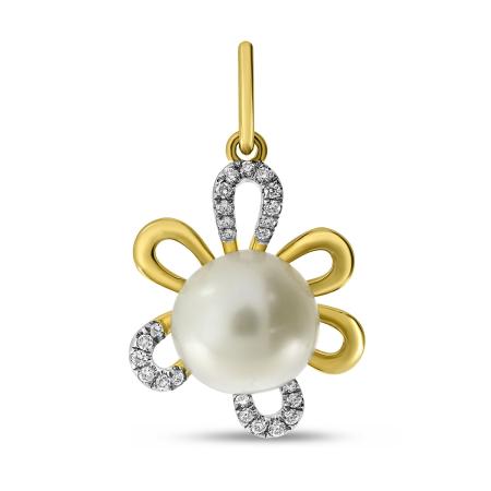 14K Yellow Gold Pearl with Diamond Floral Pendant