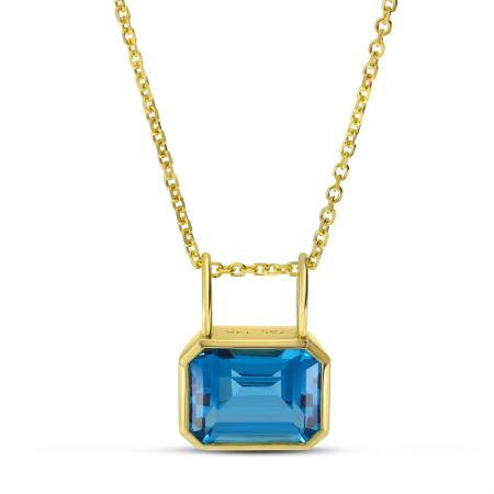 14K Yellow Gold Emerald Cut Blue Topaz Bezel Cable Chain Necklace