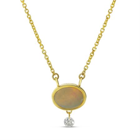 14K Yellow Gold Dashing Diamond Oval Opal Necklace