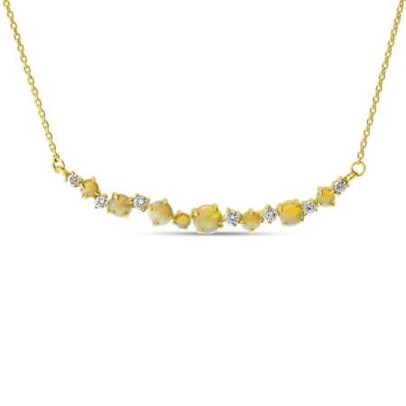 14K Yellow Gold Scattered Opal and Diamond Bar Necklace