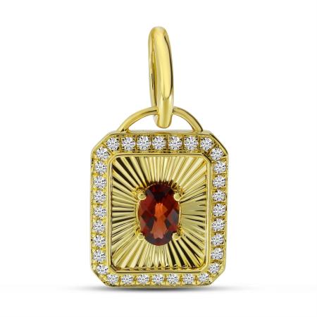 14K Yellow Gold Oval Garnet and Diamond Fluted Semi Precious Pendant