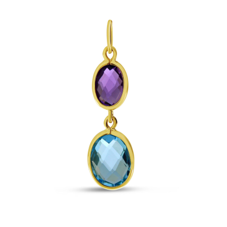 14K Yellow Gold Double Oval Amethyst and Blue Topaz Bezel Pendant