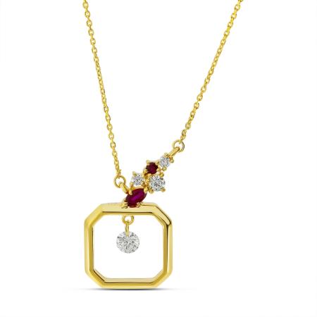 14K Yellow Gold Dashing Diamond Ruby and Diamonds Asymmetric Necklace