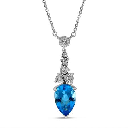 14K White Gold Pear Blue Topaz and Diamond Necklace