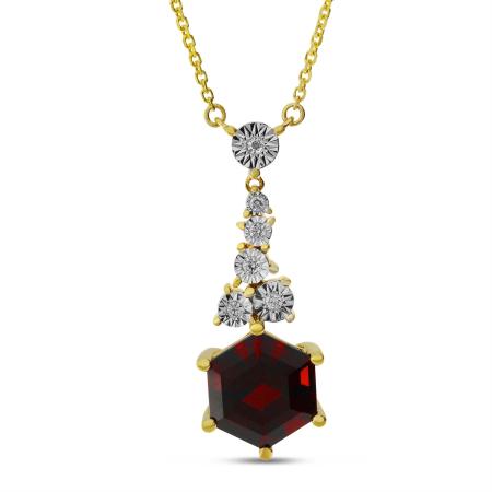 14K Yellow Gold Oval Hexagon Garnet with Diamond Necklace