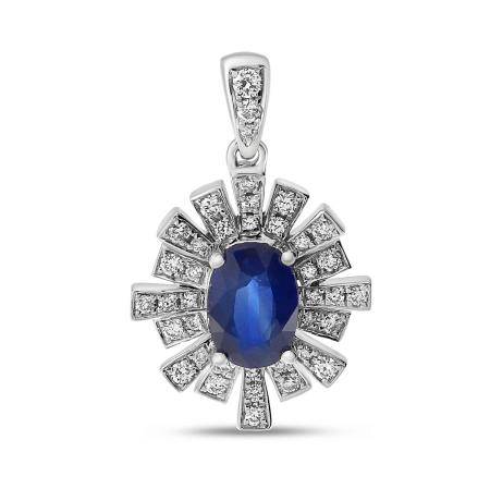 14K White Gold Oval Sapphire and Diamond Precious Burst Pendant