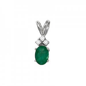 14K White Gold Oval Emerald and Diamond Pendant