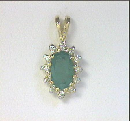 14k Yellow Gold Oval Emerald Precious and Diamond Pendant