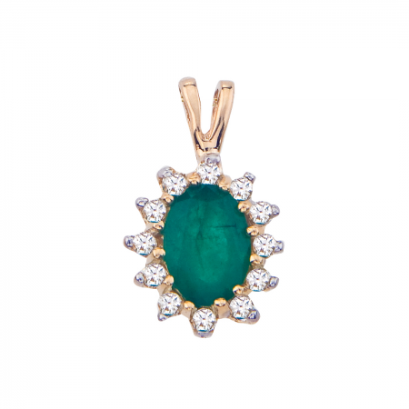14k Yellow Gold Oval Emerald Precious and Diamond Pendant