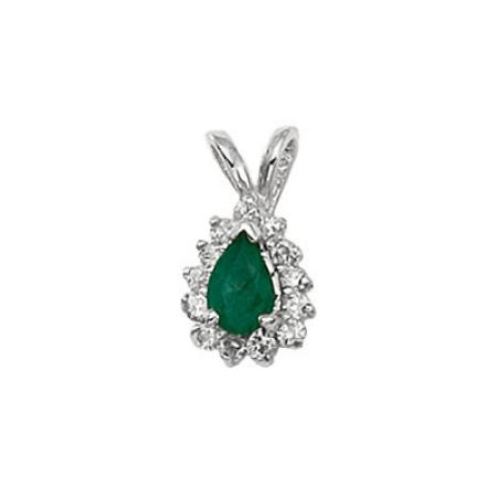 14K White Gold Pear Emerald and Diamond Pendant