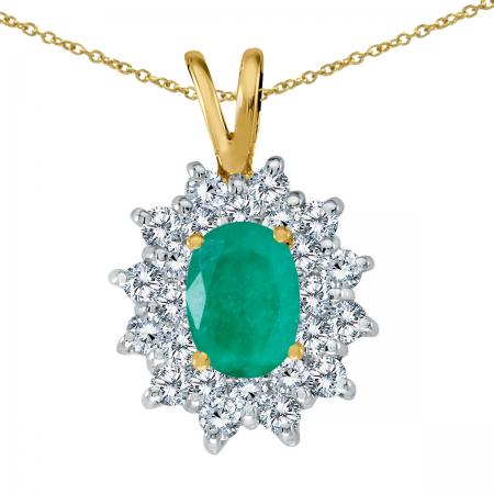 14K Yellow Gold Oval Emerald and Diamond Pendant