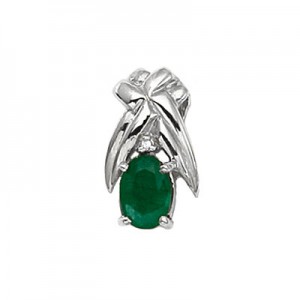 14K White Gold Oval Emerald and Diamond Pendant