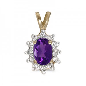 10k Yellow Gold Oval Amethyst And Diamond Pendant