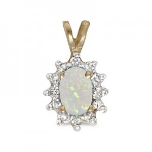 10k Yellow Gold Oval Opal And Diamond Pendant