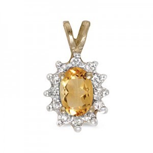 10k Yellow Gold Oval Citrine And Diamond Pendant