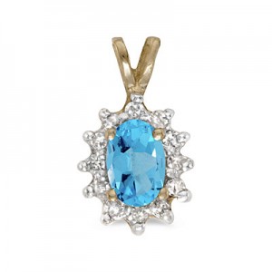 10k Yellow Gold Oval Blue Topaz And Diamond Pendant